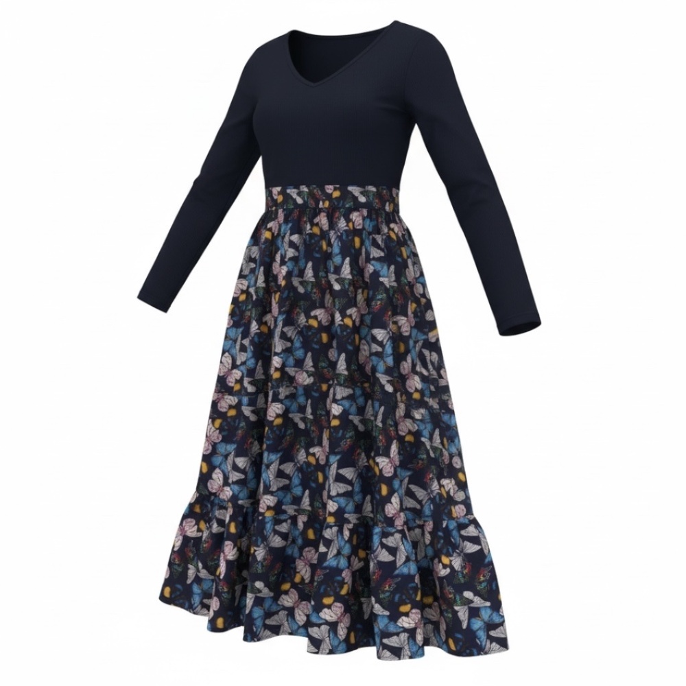 Women’s Long Sleeve V-Neck Butterfly Print Dress – Elegant Midi Fit & Flare NWT - Picture 2 of 3